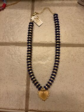 NWT Gold Heart Pendant Necklace with Navy Beads